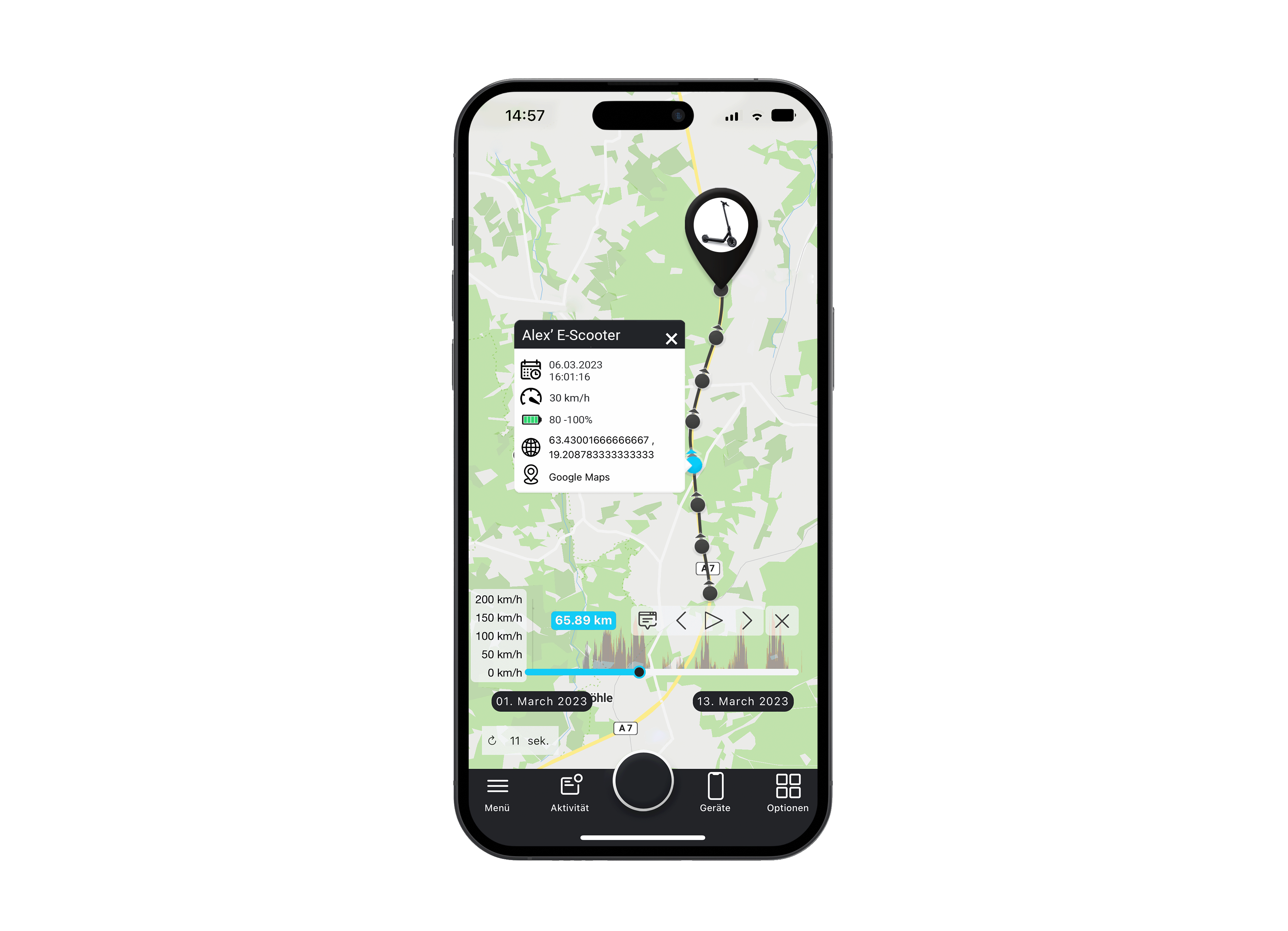 Salind Handy Mockup Streckenaufzeichnung E-Scooter im FINDER Portal