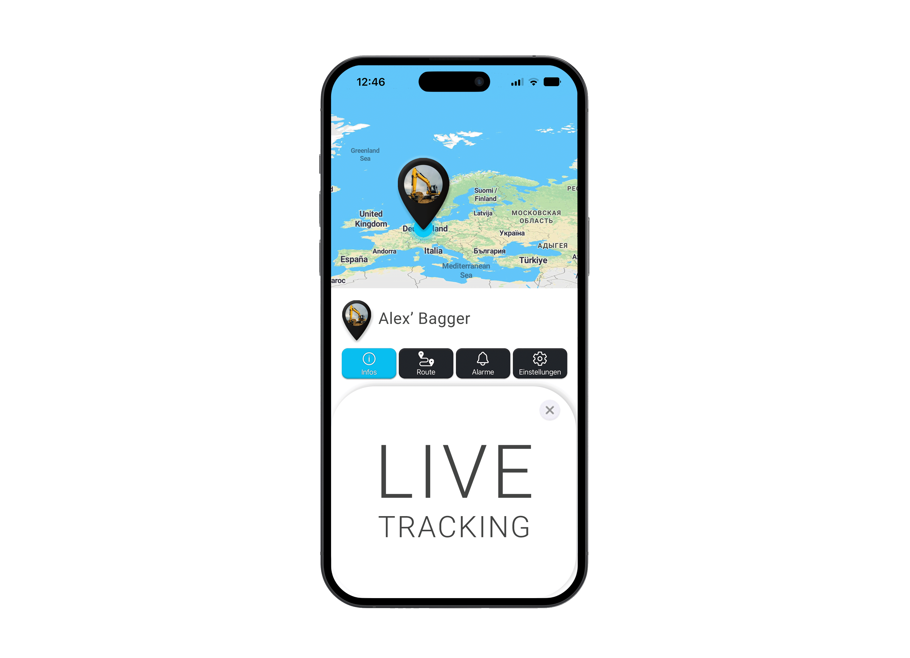 Salind Handy Mockup LIVE Tracking Baumaschinen im FINDER Portal