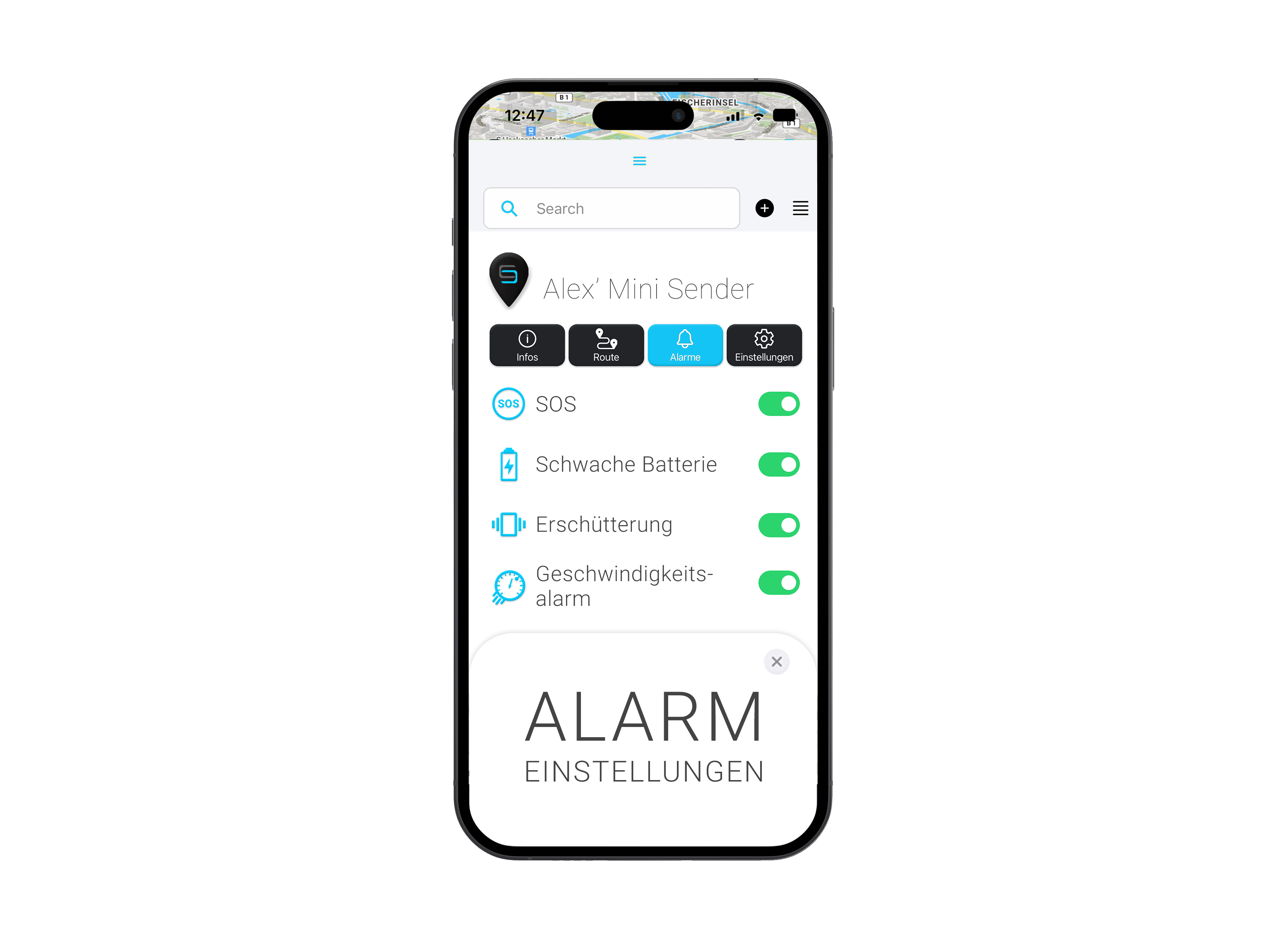 Salind Handy Mockup Alarm Einstellungen Mini GPS Tracker im FINDER Portal