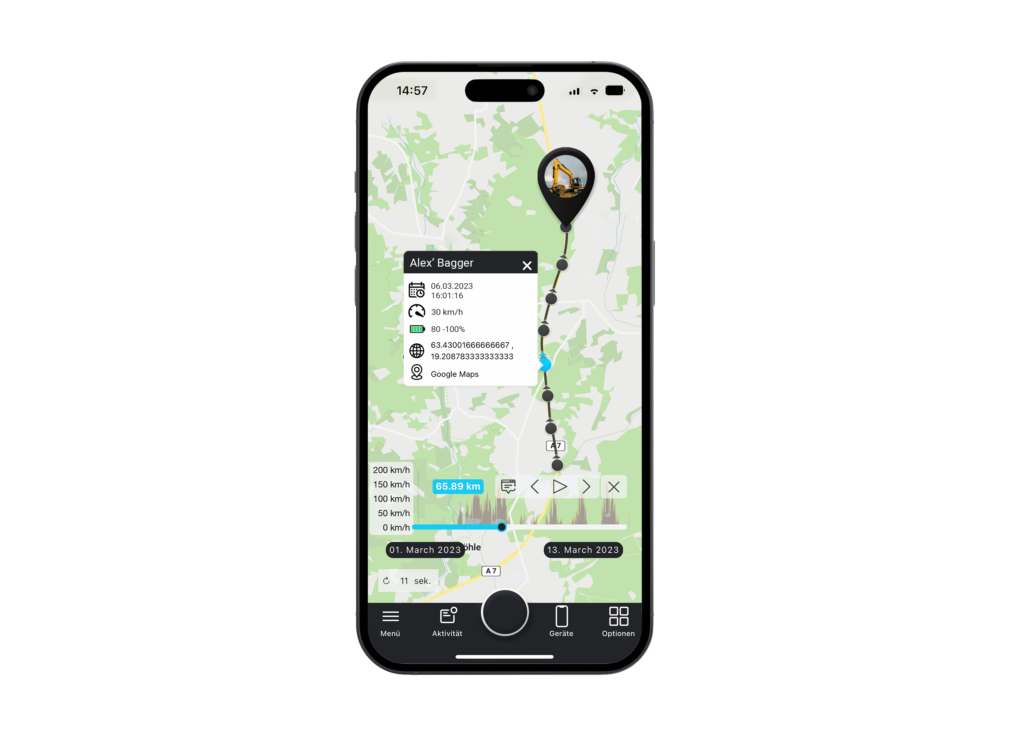 Salind Handy Mockup Streckenaufzeichnung Baumaschinen im FINDER Portal