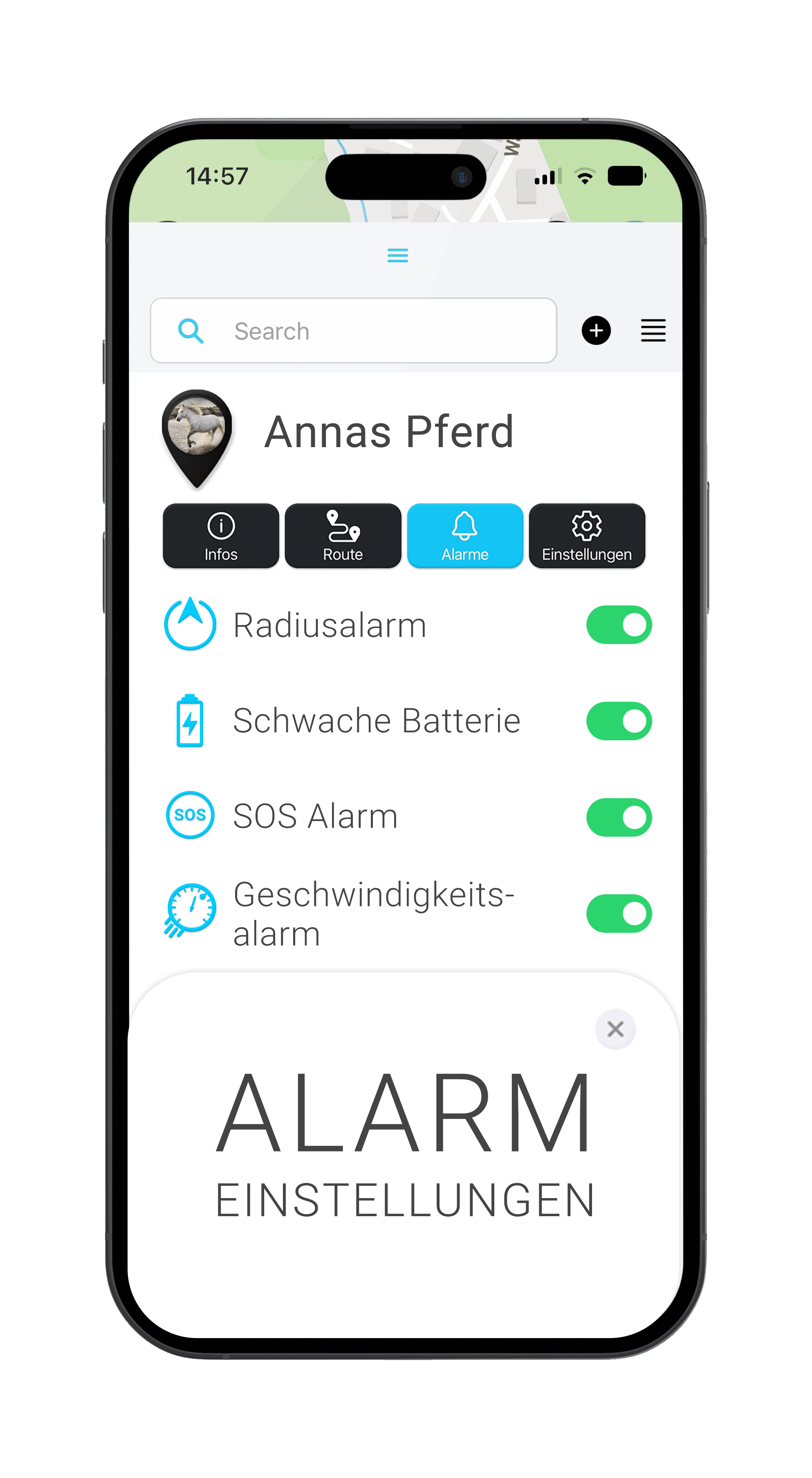 Salind Handy Mockup Alarm Einstellungen Pferd im FINDER Portal