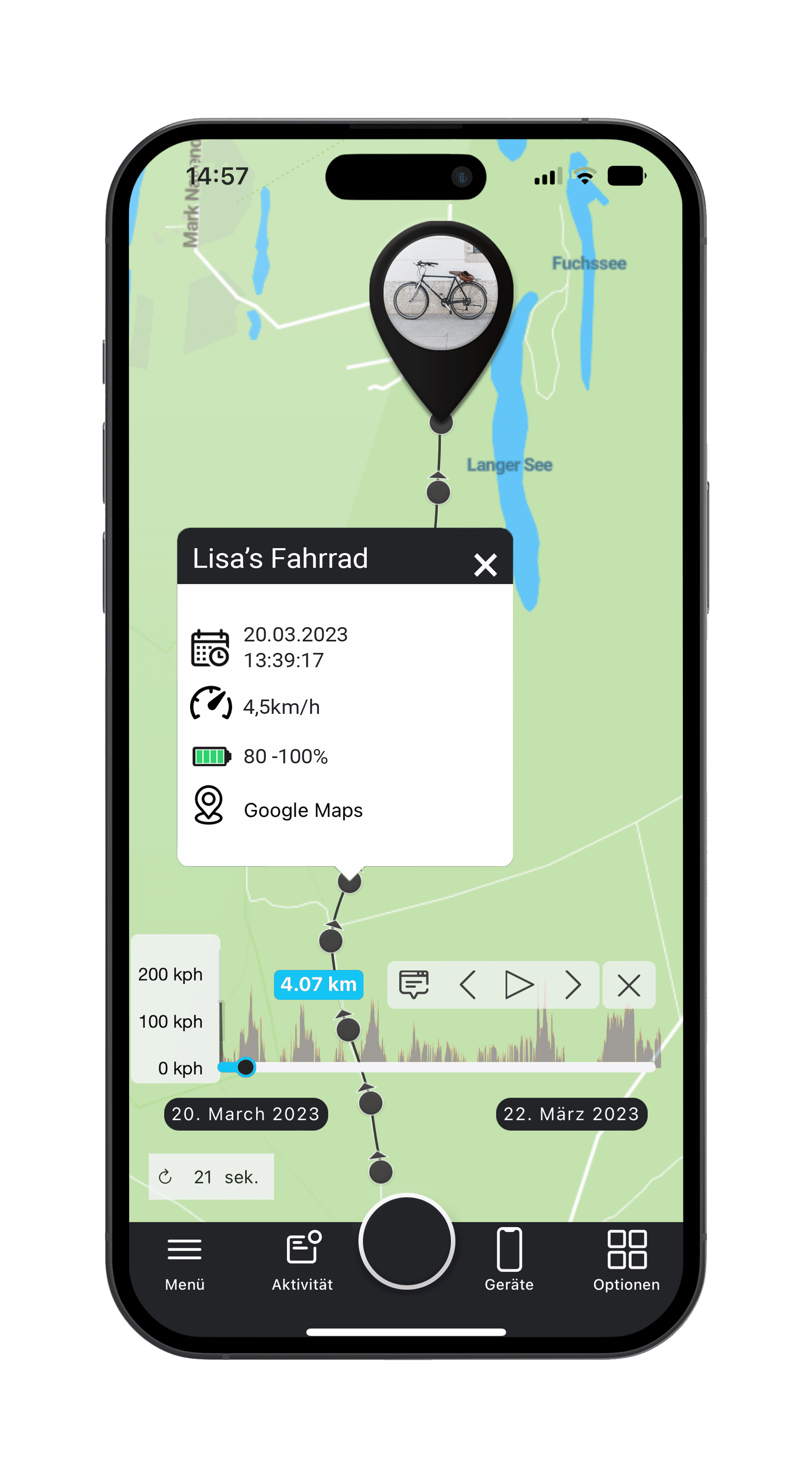 Salind Handy Mockup Streckenaufzeichnung Fahrrad im FINDER Portal