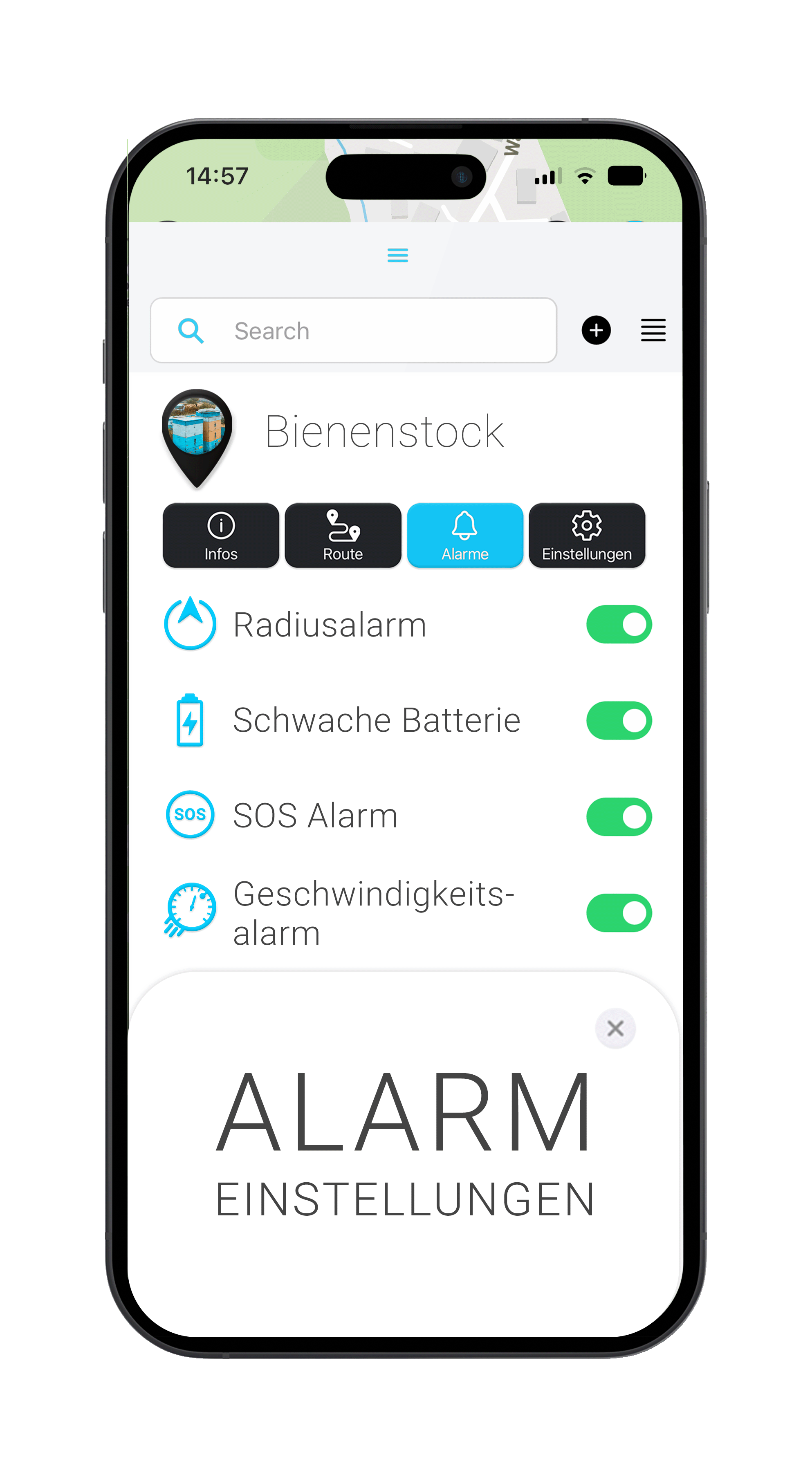 Salind Handy Mockup Alarm Einstellungen Bienen im FINDER Portal