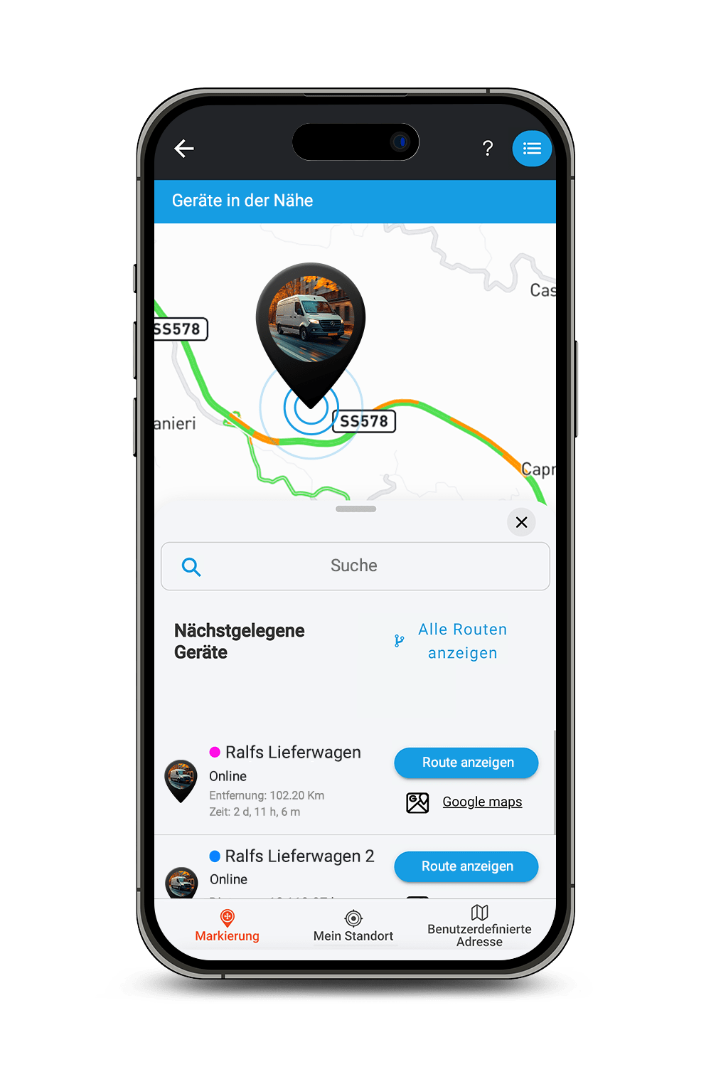 Mockup Salind GPS Echtzeit-Streckenplanung